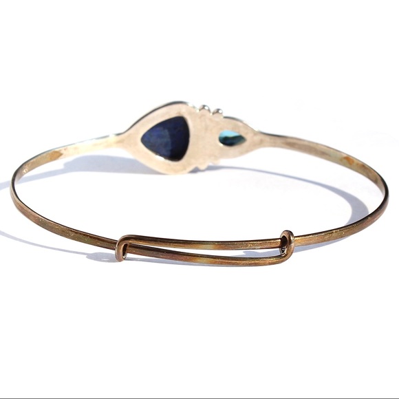 Lapis Lazuli & Blue Glass Sterling Silver Expandable Bangle Bracelet Adjustable - Picture 3 of 5